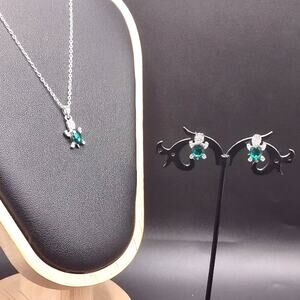 925 Silver Turtle Necklace Earrings Set CZ Emerald Anniversary Birthday Gift